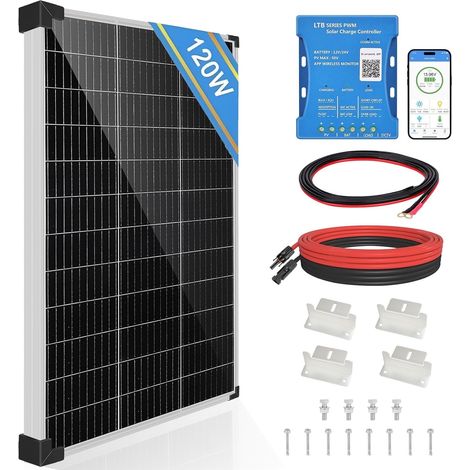 Kit de panneau solaire 120 W 12 V : panneau solaire monocristallin 120 W avec contrôleur de charge solaire PWM Bluetooth 20 A 12 V/24 V + câbles solaires + supports en Z pour camping-car (1/5)
