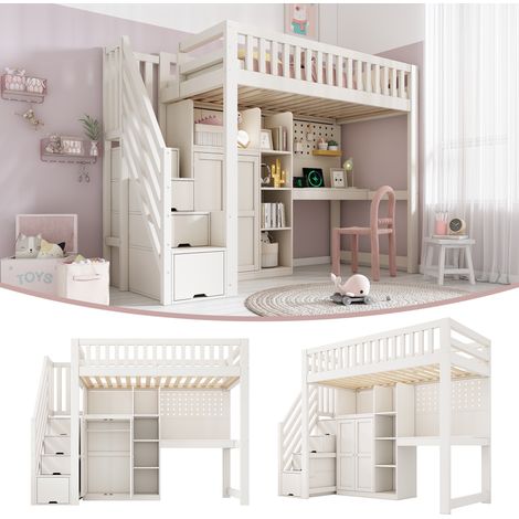 Lit mezzanine enfant 90x200 cm, bois massif, Lit Combiné avec Armoire, Bureau et Escalier de Rangement - sommier à lattes, barrière de sécurité, 2 places, design moderne - Blanc