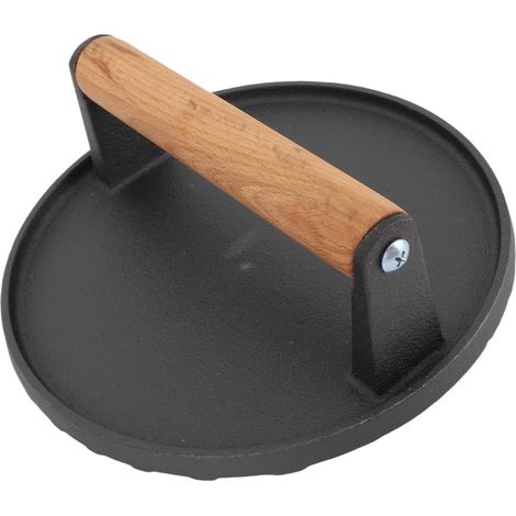 Presse à steak en fonte avec poignée en bois et fond texturé pour grillades, hamburgers, sandwichs, légumes et barbecue. Ronde. (1/5)