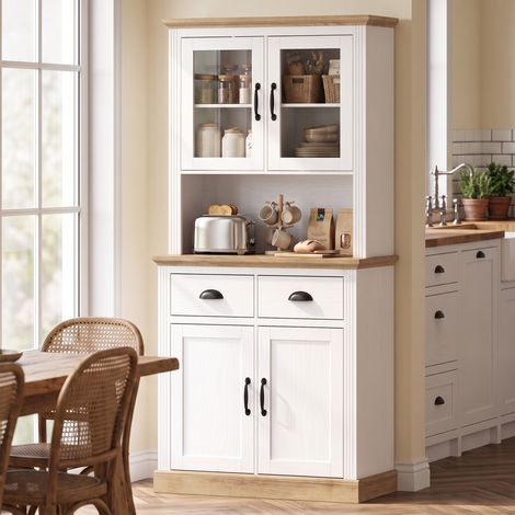 Buffet Haut Cuisine, Armoire Cuisine, 4 Portes dont 2 en Verre, 2 Tiroirs, Plan de Travail, Étagères Réglables, Blanc (1/5)