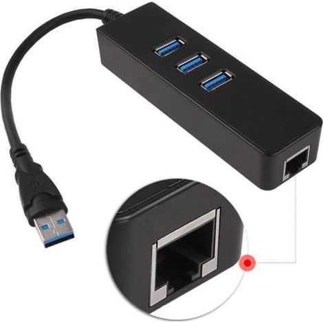 RJ45 Ethernet Adapter - USB 3.0 - 3 Ports - 1000Mbps - Black - Wired Network Hub (1/4)