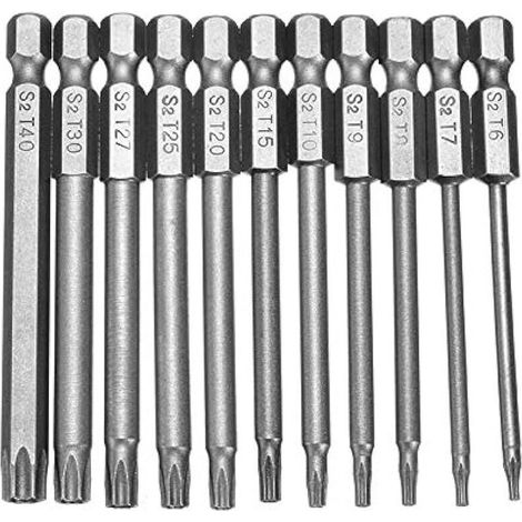 Lot de 11pcs Bits Tournevis Embouts de Tournevis Magnétique Torx Creux T6-T40 de Tige Hexagonale 1/4" à Tête Torx de Sécurité Inviolable 75mm Bit Set Tournevis Électriques Hex Tige en Acier (1/5)