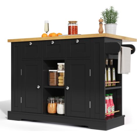 Îlot Central Cuisine sur Roulettes 132x70x87cm, Desserte Mobile Style Maison de Campagne avec Plan de Travail Rabattable et Prise Électrique