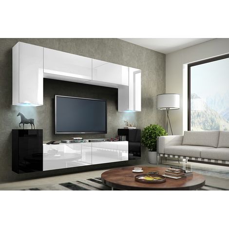 Ensemble meuble TV CONCEPT 1A noir et blanc brillant 240 cm