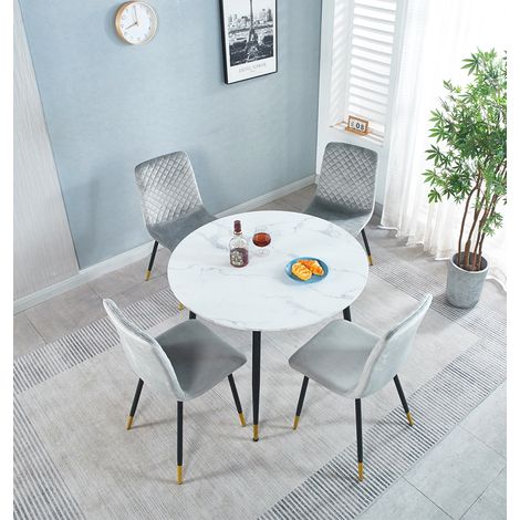 Hallowood Furniture Finley Small Round Dining Table and Chairs Set 4, White Marble Effect Top Kitchen Table and Chairs with Grey Velvet Upholstery and Metal Legs, Modern Set for Home, Office & Café (1/5)