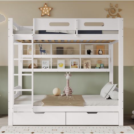 Letto a castello bambini 90x200 cm con sponda di sicurezza, 2 cassetti, ripiano aperto e scala a 5 gradini, senza materasso, bianco (1/5)