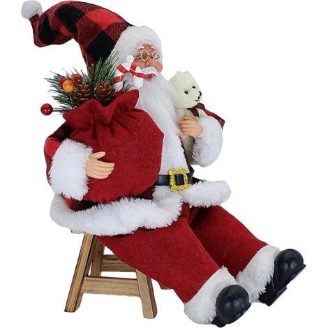 Statue de Père Noël assise portable avec sac cadeau et petit ours, décoration de Noël, figurine traditionnelle rouge, idée cadeau pour enfants (1/3)