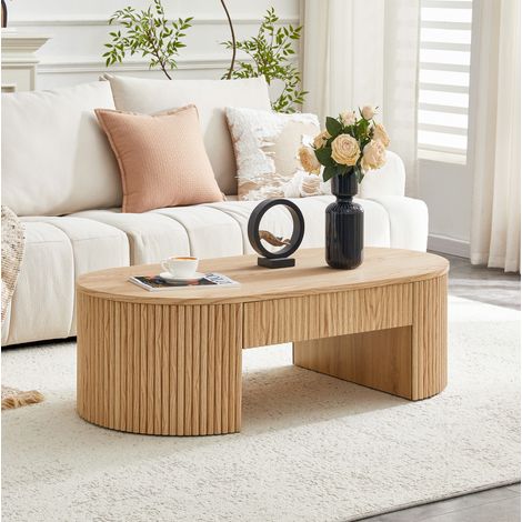 Ovale Couchtisch 105x54x38 cm in Eiche-Optik, mit Schublade, MDF und geriffelten Seiten MEUBLIV (1/5)