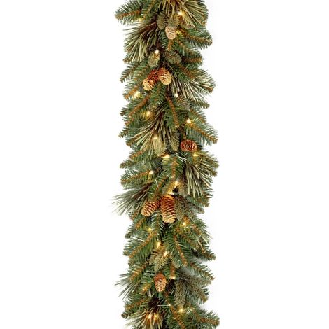 Guirlande de Noël artificielle pré-illuminée, pin de Caroline vert, lumières blanches, pommes de pin, fonctionne sur piles, 2,74 m