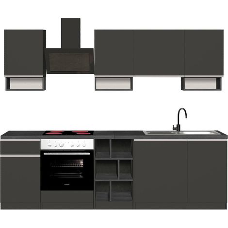 Dmora - Cuisine complète Dcelient, Cuisine pratique et peu encombrante, Mur de cuisine avec 7 portes et 1 tiroir, 100% Made in Italy, 255x60h85 cm, Anthracite et Ardoise (1/5)