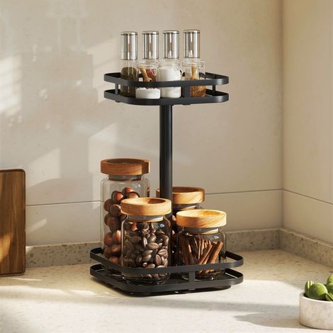 Étagère à épices rotative, à 2 niveaux, avec ventouses, en métal noir.