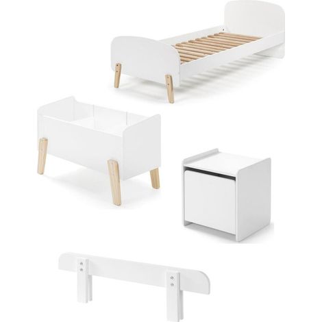 Pack - Lit Enfant, Chevet, Barrière & Coffre "Kiddy" 90x200cm Blanc (1/5)