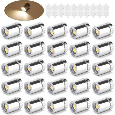 20 mini faretti LED wireless, a batteria, luce bianca calda, per arte, gioielli, vetrine, modellismo e decorazioni. (1/4)