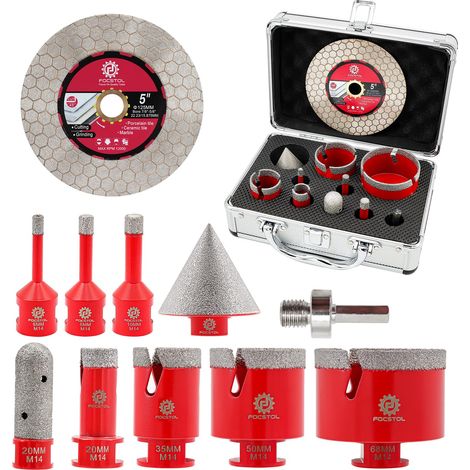 Foret Diamant Kit Trepan Carrelage - Scie Cloche Diamantée pour Porcelaine Carrelage Marbre Granit 10 pièces (6/8/10/20/35/50/68mm+20mm Fraise+50mm Mèches Chanfrein+Adaptateur+125mm Disque) (1/5)