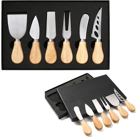 Juego de 4 cuchillos para queso, Acero inoxidable, Tabla para quesos, Mango de roble, rallador, tenedor y untador de queso, Plateado (1/5)