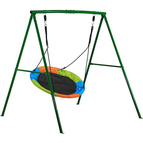 Mophorn Gartenschaukel mit A-förmigem Metallrahmen, großer Schaukelsitz (101,6 cm), belastbar bis 199,6 kg, Outdoor-Schaukelset mit spiralförmigen Bodenankern, farbenfrohe Tellerschaukel (1/5)