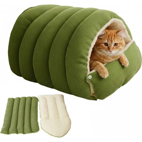 Panier pour chat vert grande taille semi-fermé, niche épaisse lavable toutes saisons, lit douillet et durable pour animaux (1/5)