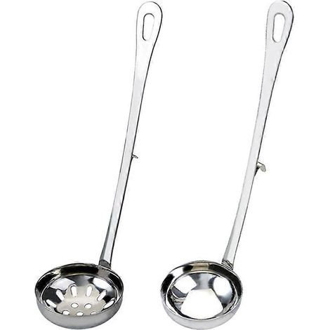 Lot de 2 cuillères de service en acier inoxydable avec crochet et long manche, passoire pour plats chauds et soupes (passoire de 6 cm + cuillère à soupe)