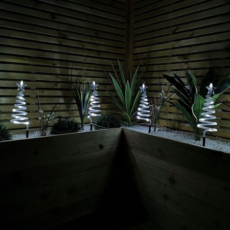 Set of 4 Battery Operated LED Cool White Spiral Tree Path Lights Christmas Decoration with Timer (1/2)