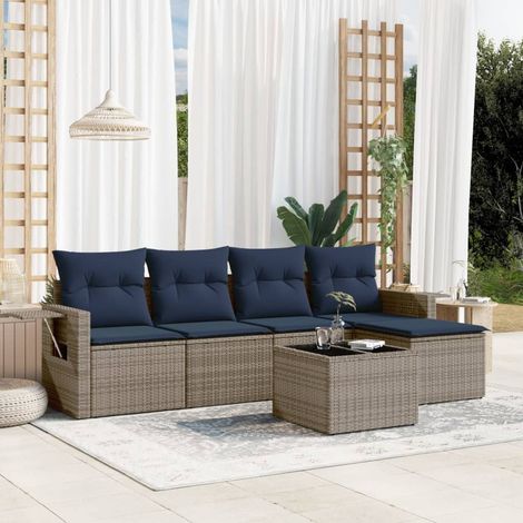 Salon de jardin modulable 6 pièces en résine tressée grise avec coussins bleu marine, 48.2kg - PANGIVO (1/5)
