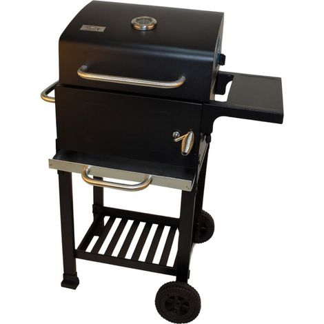 JARDIN202 - Barbacoa de Carbón con Tapa y Termómetro Kansas Grill Ajustable con Parrilla Cromada y Calentador Superior Ruedas Grandes Negro