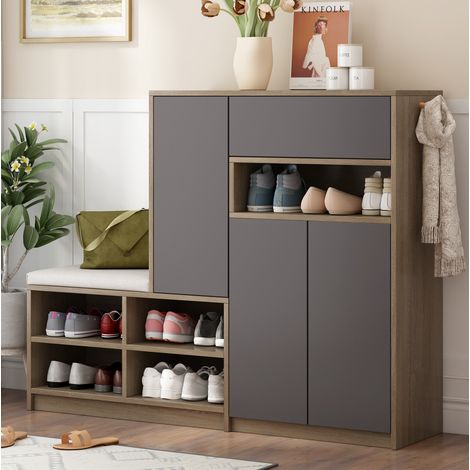 Zapatero con banco y cojín, estantes ajustables, 140 x 35 x 110 cm, gris OKMYHOME (1/5)