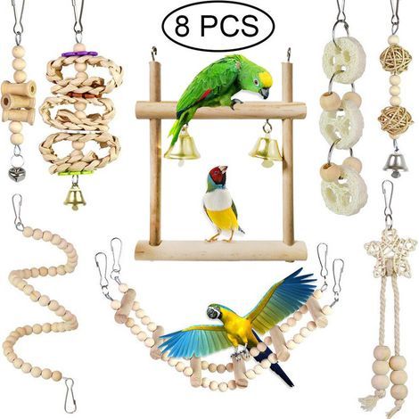 8-Piece Wooden Parrot Chew Toy Set: Bird Swing, Soft Ladder, Beads, Rotating Stairs for Cockatiels, Conures, Mynahs, Macows, and Other Small Birds (1/5)