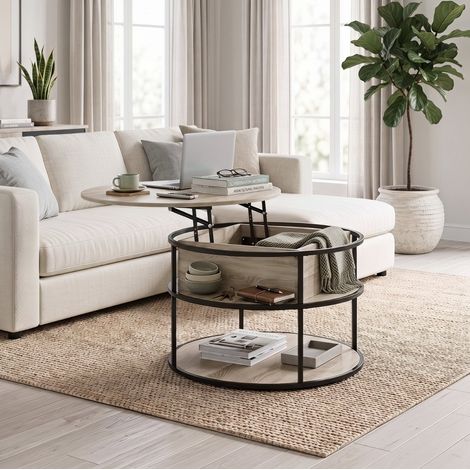 Table basse relevable ronde Ø80 x 47-61,5 cm en MDF effet chêne, rangement, pour salon – MEUBLIV (1/5)