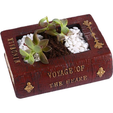 1 Maceta de resina con forma de libro y orificios de drenaje para plantas suculentas y bonsáis, apta para decoración de interiores y exteriores. (1/5)