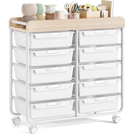 Meuble à roulettes en plastique avec 10 tiroirs, blanc chariot à roulettes avec plateau en bois, chariot de rangement pour salle de bain, cuisine, salon et chambre à coucher (1/5)