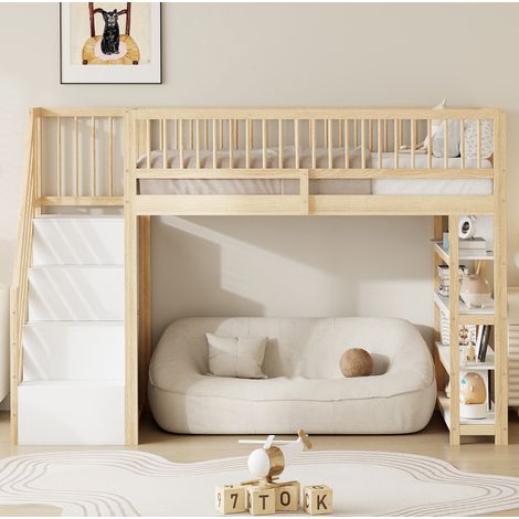 Hochbett 90x200 cm naturfarben aus Massivholz mit Schrank, Regalen und Sicherheitsleiter (1/5)