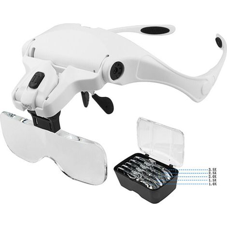Lunette Loupe avec 2 LED - pour Lecture,Tous Les Travaux de Précision,Réparations,Couture,Bijoux - 5 Lentilles Détachables (1.0X à 3.5X) (1/4)