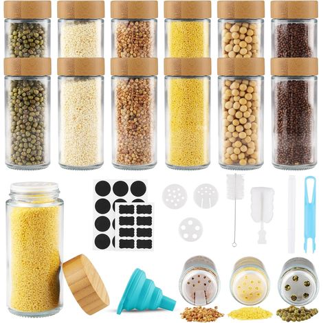 Pot à Épices en Verre et Bois, 12 Pièces Bocaux à Épices 120ml Boite à Épices Verre pour Cuisine Rangement avec Étiquettes Epices Tamis Entonnoir Brosse (Rond) (1/5)