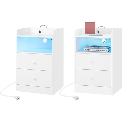 Woltu – Table de chevet blanche avec station de charge – 2 prises et 2 ports USB – Éclairage LED réglable – 2 tiroirs – Dimensions 40x35x64 cm