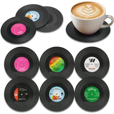 pcs - Posavasos - Posavasos retro con forma de discos de vinilo - Posavasos redondos - Posavasos para vasos - Posavasos de cristal - Posavasos - Antideslizantes - Resistentes al calor (1/5)