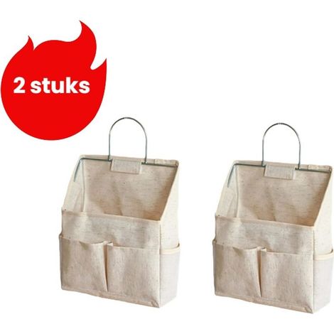 Set of 2 wall-mounted fabric storage bags for organizing household items, off-white color (1/5)