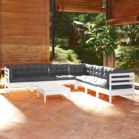vidaXL Muebles de jardín 8 pzas con cojines blanco madera maciza pino (1/5)