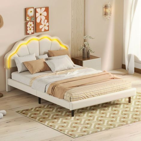 Lit double capitonné 140x200 cm avec éclairage LED, tête de lit pétales, sommier à lattes en bois massif, velours, adapté aux enfants, adolescents, adultes - Rose (1/5)