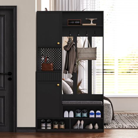 Set guardaroba ingresso 100x35x180 cm nero in MDF con panca imbottita, 4 ganci, armadio, cassetti e pannello forato (1/5)