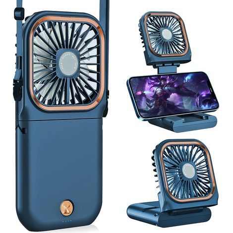 Ventilateur Cou Portable - Personnel - Silencieux pliable rechargeable USB support téléphone - Maison bureau voyage extérieur - Bleu (1/5)