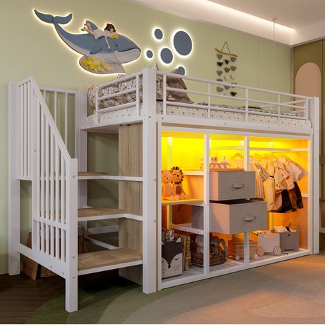 Letto rialzato bambini 90x200 cm con illuminazione LED, 2 cassetti, armadio aperto e vano portaoggetti, senza materasso, bianco (1/5)