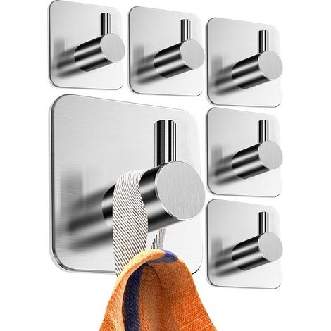 Juego de toalleros de acero inoxidable sin necesidad de taladrar - 6 ganchos autoadhesivos resistentes al agua para baño - Plateado (1/5)
