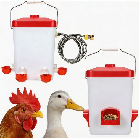 Lot Mangeoire et Abreuvoir Automatique pour Poules, Mangeoire Anti-Gaspillage 10 kg, Abreuvoir 11 L à Niveau Automatique, Étanche et Résistant UV, avec Tuyau d'Arrosage et Accessoires de Montage (1/5)