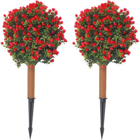Lot de 2 boule de fleurs artificielles rouges, piquets de jardin décoratifs, boules d’arbustes plante artificielle extérieure, pour allée, entrée et terrasse (69 cm hauteur) (1/5)