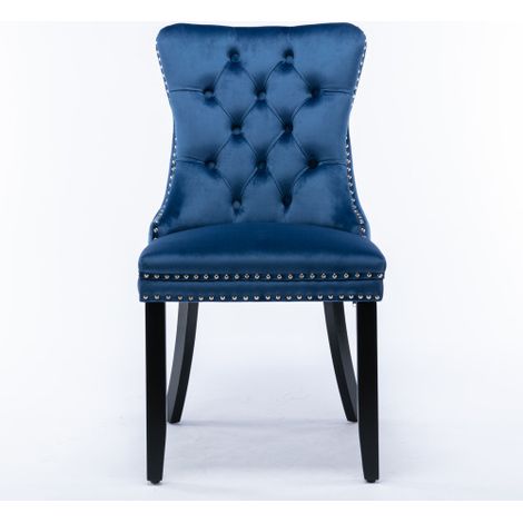 Chaises de salle à manger modernes haut de gamme en bois massif avec revêtement en velours matelassé, pieds en bois massif et accents cloutés — Lot de 2 — Bleu