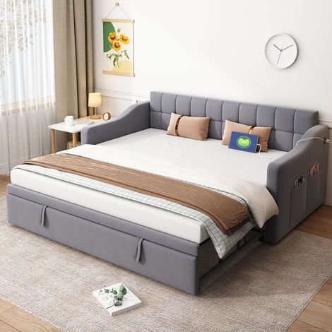 Canapé convertible 90x190 gris en velours HAVRYA (1/5)