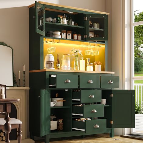 Aparador alto 104 x 40 x 180 cm con LED, 4 puertas, almacenaje, verde DESVIAE (1/5)