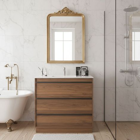 Mobile Bagno a Terra 100 cm con Lavabo in Ceramica e 3 Cassetti Noce Maya – Urban