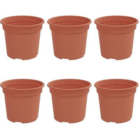 Six pots de fleurs ronds, rouge brique, de 12,5 cm de diamètre et 10 cm de hauteur, en plastique. (1/5)