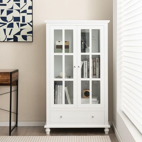 Costway – Bibliothèque vitrine blanche 2 portes en verre – Étagère réglable 3 niveaux – Tiroir profond – Kits anti-basculement inclus – 80 x 40 x 139 cm (1/5)